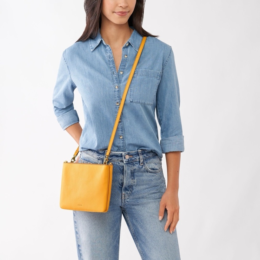 💼🐄Beautiful Fossil Golden Yellow Mustard Genuine Leather Cowhide Crossbody Bag - Picture 3 of 4